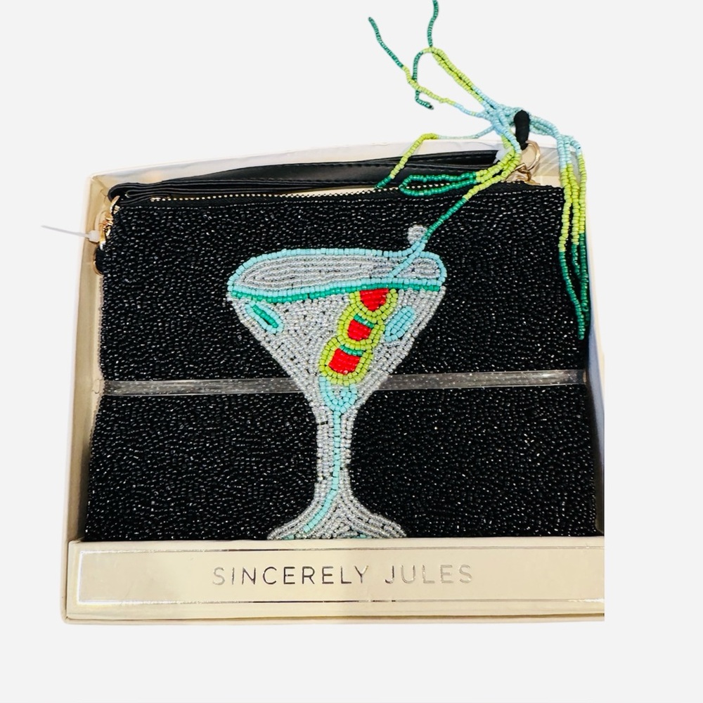 NWT Sincerely Jules Beaded Martini Bag Clutch Wristlet Black Green Cocktail